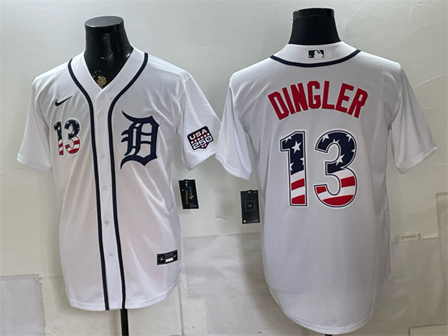 Men's Detroit Tigers #13 Dillon Dingler White 2026 USA 250 Fourth of July Stitched Baseball Jersey